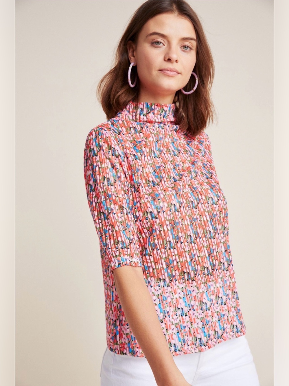 Anthropologie Eva Franco Gidget Pink Multi-Color Floral Pleated Short Sleeve Top